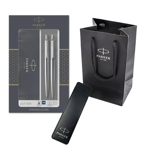 Parker Jotter Duo Geschenkset mit Kugelschreiber und Druckbleistift (0,5 mm), Edelstahl mit Chromverzierung, Geschenkset mit Markenbeutel, blaue Tinte von Parker