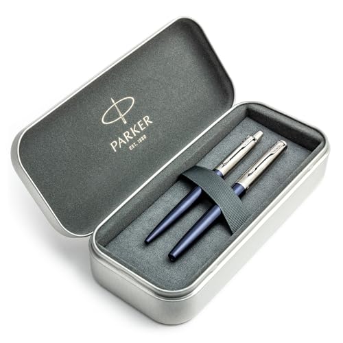 Parker Jotter Geschenkset mit Füllfederhalter und Kugelschreiber, Königsblau, mittlere Spitze, luxuriöse Metall-Geschenkbox im Lieferumfang enthalten von Parker