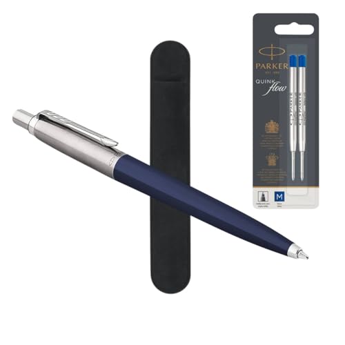 Parker Jotter Kugelschreiber Marineblau mit Mine & Samtbeutel | Geschenkset | Mittlere Spitze | Originalblister | Zusätzlich 2 nachfüllbare QuinkFlow Tinten Parker Jotter Kugelschreiber Marineblau mit Mine & Samtbeutel | Geschenkset | Mittlere Spitze | Originalblister | Zusätzlich 2 nachfüllbare QuinkFlow Tinten von Parker