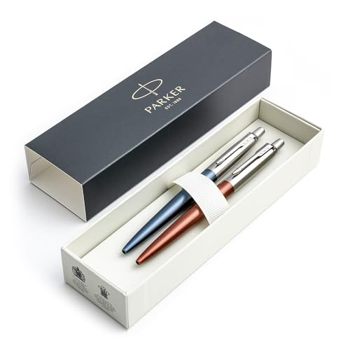 Parker Jotter Kugelschreiber-Set, Chelsea Orange und Waterloo-Blau, mittlere Spitze, blaue Tinte, Geschenkbox von Parker