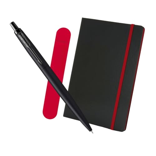 Parker Jotter Monochrome XL Kugelschreiber matt schwarz + A5 Deluxe Notizbuch + rotes Samtstiftetui - Schreibgeschenk-Set von Parker