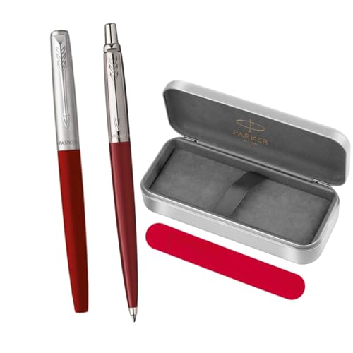 Parker Jotter Originals Red Geschenkset - Füllfederhalter (M) + Kugelschreiber + Metall Geschenkbox + Samtbeutel - Klassisches Retro Schreibset - Geschenk für Männer, Frauen, Büro, Business von Parker