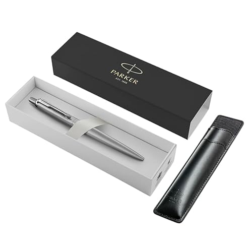 Parker Jotter XL Kugelschreiber, monochrom, Edelstahl, mittlere Spitze, blaue Tinte, Geschenkbox und schwarzes Etui mit geprägtem Logo von Parker