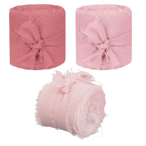 Parliky 3 Rollen Chiffonband Breit Fransenband aus Feinem Seidenstoff pro für Hochzeitsdekorationen Blumensträuße Geschenkverpackung Brautparty DIY Basteln Rosa von Parliky