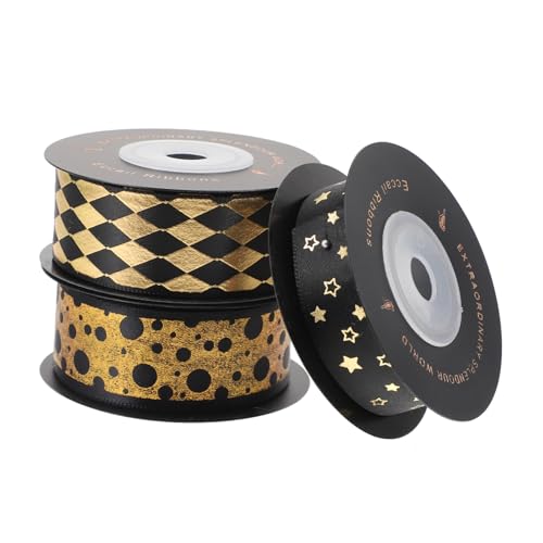 Parliky 3 Rollen Geschenkband Schwarz Gold Folienprägung Hochwertiges Polyester Dekoband DIY Verpackungsband für Blumensträuße Haarbänder Party Hochzeitsdeko von Parliky