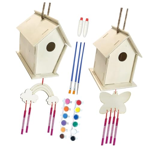 Parliky DIY Vogelhaus Bausatz für Holz bastelset mit Ungefertigten Vogelhäusern Farben Pinseln Windspiel anhängern Kleber und Aufhängeschnur Kreative Bastelidee für Drinnen und Draußen von Parliky