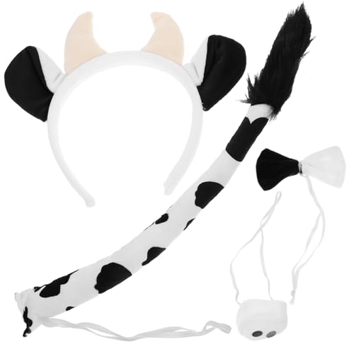 Parliky Plüsch Kuh Kostüm Cosplay Kit mit Hörnern Nase und Schleife Niedliches Tier Haarreif Zubehör für Halloween Karneval Fasching Party von Parliky