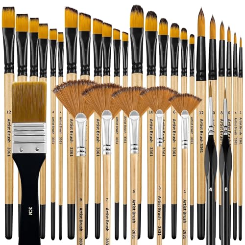 Parthan 32 Stück Künstlerpinselset für Acrylfarben, Vielseitige Synthetikpinsel für Malen, Miniaturen und Steinmalerei, Langlebige Synthetische Pinsel von Parthan