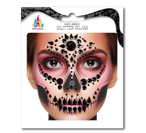 Partilandia Gesichtsschmuck, Totenkopf, Fashion, schwarze Edelsteine, für Erwachsene von Partilandia