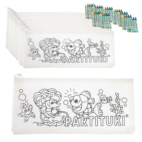 Mitgebsel Kindergeburtstag Junge Partituki. 10 Federmäppchen Zu Malen, 10 Sets mit 7 Farbige Crayons. Kleine Geschenke für Kinderparty. Pinata Füllung. Ungiftig Zertifiziert von PARTITUKI