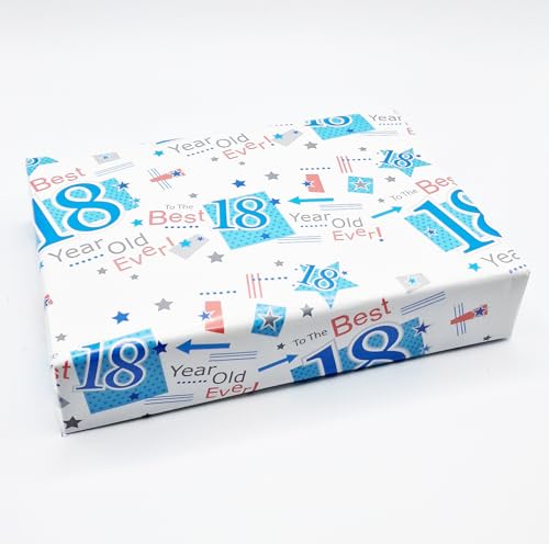 Geschenkpapier zum 18. Geburtstag, Blau, 4 Bögen, 4 Geschenkanhänger, für Männer, (AWU) von Party Angels