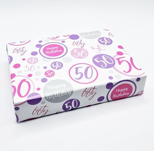 Geschenkpapier zum 50. Geburtstag, 2 Bögen + 2 passende Geschenkanhänger für Frauen zum 50. Geburtstag, Rosa, Lila, Weiß, Geschenkpapier für Frauen Geschenkpapier zum 50. Geburtstag, 2 Bögen + 2 passende Geschenkanhänger für Frauen zum 50. Geburtstag, Rosa, Lila, Weiß, Geschenkpapier für Frauen von Party Angels