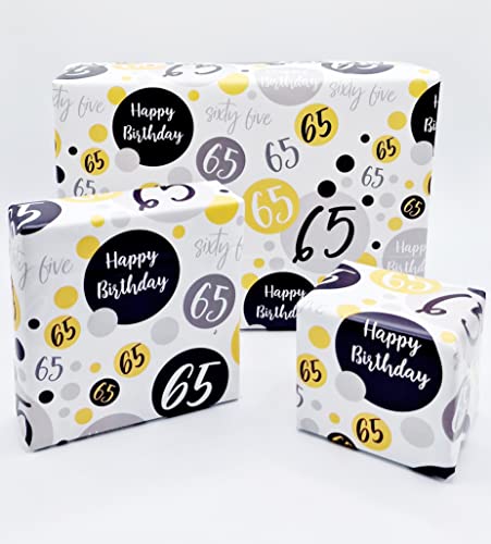Geschenkpapier zum 65. Geburtstag, 2 Bögen + 2 passende Geschenkanhänger zum 65. Geburtstag, Schwarz, Gold, Silber, Geschenkpapier für Männer und Frauen (PA) von Party Angels