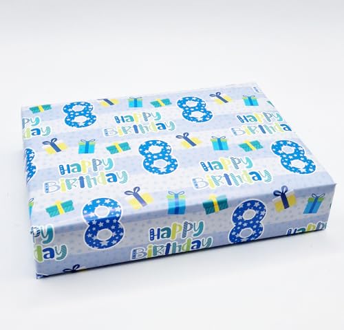 Geschenkpapier zum 8. Geburtstag, für Jungen, Blau, 4 Bögen + 4 Geschenkanhänger Geschenkpapier zum 8. Geburtstag, für Jungen, Blau, 4 Bögen + 4 Geschenkanhänger von Party Angels