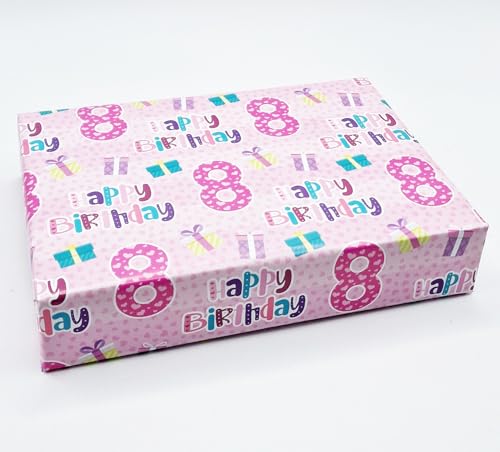 Geschenkpapier zum 8. Geburtstag für Mädchen, 4 Bögen + 4 Geschenkanhänger, Rosa von Party Angels