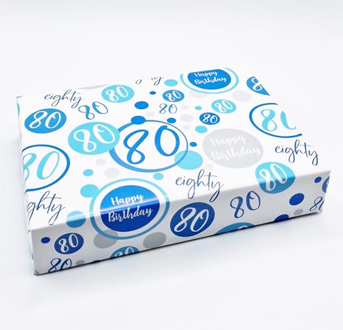 Geschenkpapier zum 80. Geburtstag, 2 Bögen + 2 passende Geschenkanhänger zum 80. Geburtstag, Blau / Weiß Geschenkpapier zum 80. Geburtstag, 2 Bögen + 2 passende Geschenkanhänger zum 80. Geburtstag, Blau / Weiß von Party Angels
