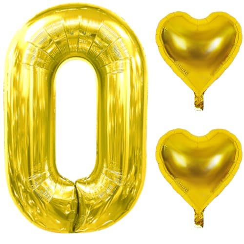 Party Austria Zahlenballon Nr. 0 (100cm) & 2x Folienballon Herz (45cm) gold von Party Austria