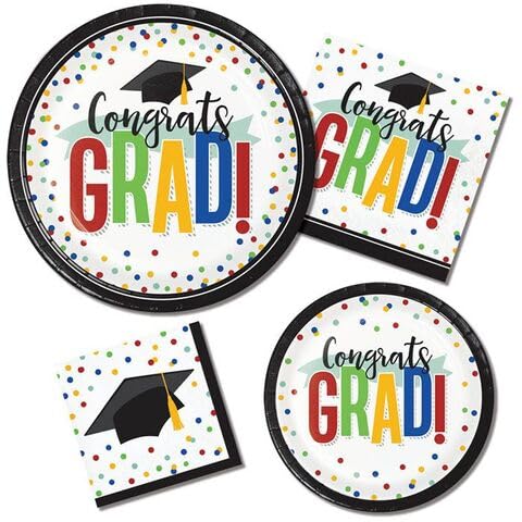 Buntes Partyzubehör-Set ~ Congrats Grad Einweg-Geschirr-Set ~ Teller und Servietten für den Schulabschluss, 24 Stück Buntes Partyzubehör-Set ~ Congrats Grad Einweg-Geschirr-Set ~ Teller und Servietten für den Schulabschluss, 24 Stück von Party Creations