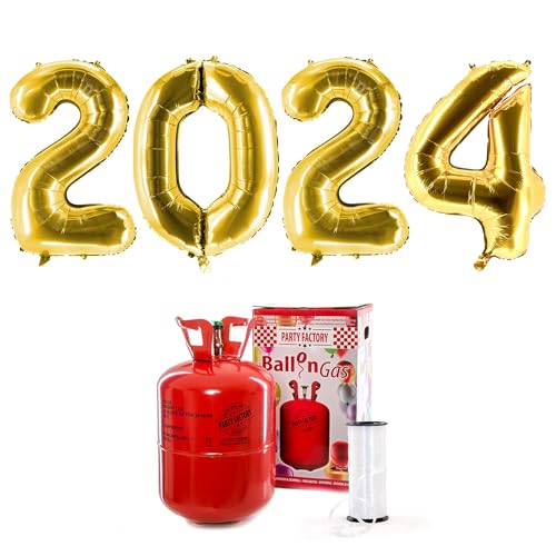 2024 XXL Zahlenballons, gold: Set mit Helium Ballongas, Silvester Home Party von Party Factory