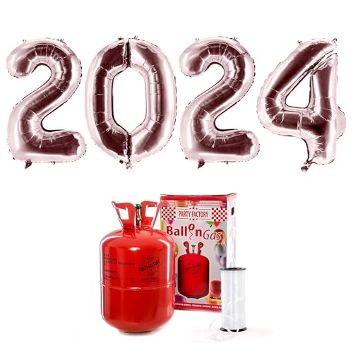 2024 XXL Zahlenballons, roségold: Set mit Helium Ballongas, Silvester Home Party von Party Factory