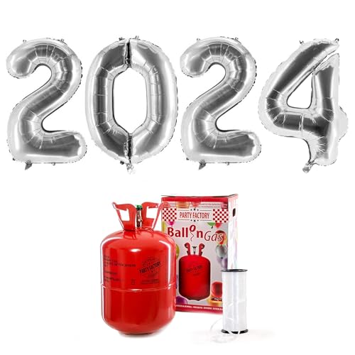 2024 XXL Zahlenballons, silber: Set mit Helium Ballongas, Silvester Home Party von Party Factory
