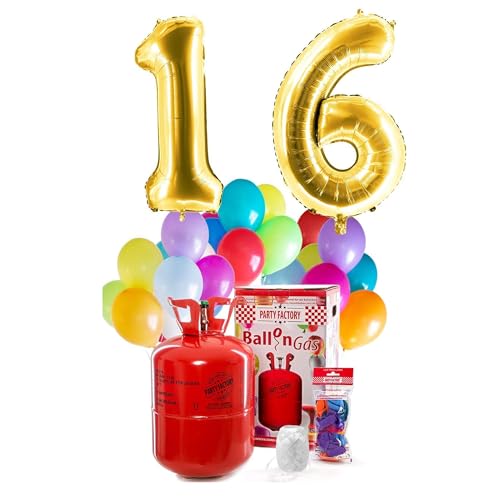PARTY FACTORY Helium Geburtstags-Komplettset "16" - mit XXL Zahlenballons, 0,4m³ Ballongas, Ballonschnur & 30 bunten Latexballons - für Geburtstag, Jubiläum, Jahrestag in verschiedenen Farben (Gold) von Party Factory