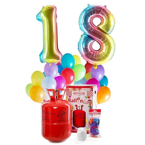 PARTY FACTORY Helium Geburtstags-Komplettset "18" - mit XXL Zahlenballons, 0,4m³ Ballongas, Ballonschnur & 30 bunten Latexballons - für Geburtstag, Jubiläum, Jahrestag in versch. Farben (Regenbogen) von Party Factory
