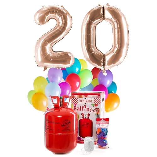 PARTY FACTORY Helium Geburtstags-Komplettset "20" - mit XXL Zahlenballons, 0,4m³ Ballongas, Ballonschnur & 30 bunten Latexballons - für Geburtstag, Jubiläum, Jahrestag in versch. Farben (Roségold) von Party Factory