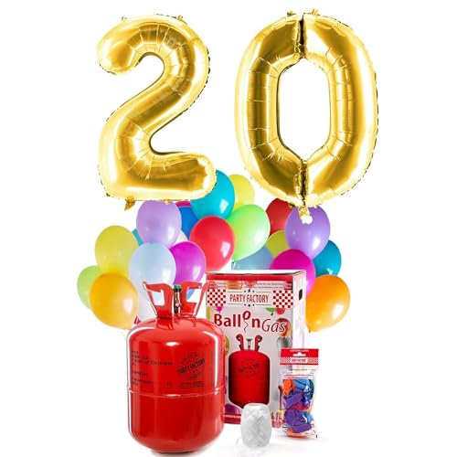 PARTY FACTORY Helium Geburtstags-Komplettset "20" - mit XXL Zahlenballons, 0,4m³ Ballongas, Ballonschnur & 30 bunten Latexballons - für Geburtstag, Jubiläum, Jahrestag in verschiedenen Farben (Gold) von Party Factory