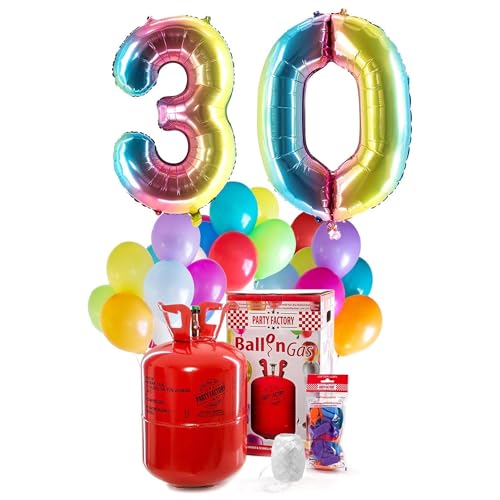 PARTY FACTORY Helium Geburtstags-Komplettset "30" - mit XXL Zahlenballons, 0,4m³ Ballongas, Ballonschnur & 30 bunten Latexballons - für Geburtstag, Jubiläum, Jahrestag in versch. Farben (Regenbogen) von Party Factory