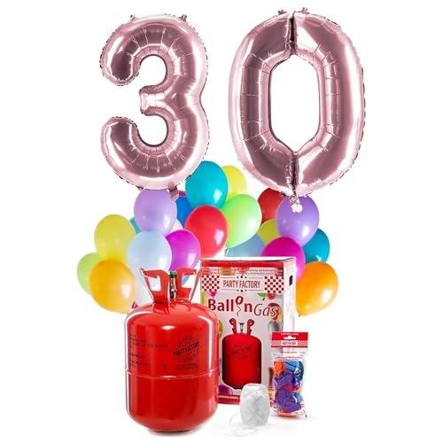 PARTY FACTORY Helium Geburtstags-Komplettset "30" - mit XXL Zahlenballons, 0,4m³ Ballongas, Ballonschnur & 30 bunten Latexballons - für Geburtstag, Jubiläum, Jahrestag in verschiedenen Farben (Rosé) von Party Factory