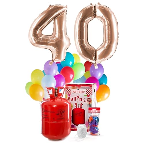 PARTY FACTORY Helium Geburtstags-Komplettset "40" - mit XXL Zahlenballons, 0,4m³ Ballongas, Ballonschnur & 30 bunten Latexballons - für Geburtstag, Jubiläum, Jahrestag in versch. Farben (Roségold) von Party Factory