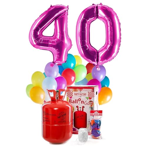 PARTY FACTORY Helium Geburtstags-Komplettset "40" - mit XXL Zahlenballons, 0,4m³ Ballongas, Ballonschnur & 30 bunten Latexballons - für Geburtstag, Jubiläum, Jahrestag in verschiedenen Farben (Pink) von Party Factory
