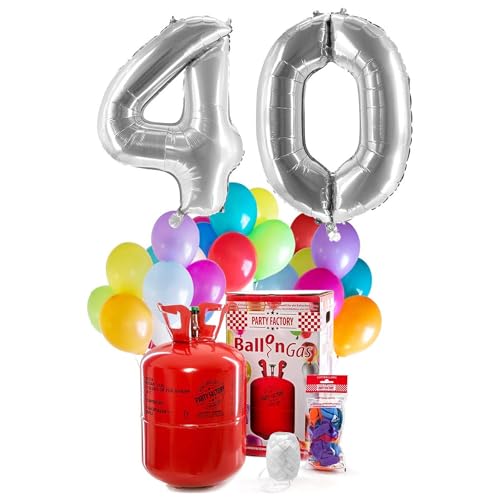 PARTY FACTORY Helium Geburtstags-Komplettset "40" - mit XXL Zahlenballons, 0,4m³ Ballongas, Ballonschnur & 30 bunten Latexballons - für Geburtstag, Jubiläum, Jahrestag in verschiedenen Farben (Silber) von Party Factory