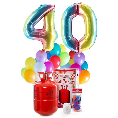 PARTY FACTORY Helium Geburtstags-Komplettset "40" - mit XXL Zahlenballons, 0,4m³ Ballongas, Ballonschnur & 30 bunten Latexballons - für Geburtstag, Jubiläum, Jahrestag in versch. Farben (Regenbogen) von Party Factory