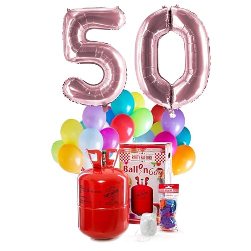 PARTY FACTORY Helium Geburtstags-Komplettset "50" - mit XXL Zahlenballons, 0,4m³ Ballongas, Ballonschnur & 30 bunten Latexballons - für Geburtstag, Jubiläum, Jahrestag - versch. Farben (Rosé) von Party Factory