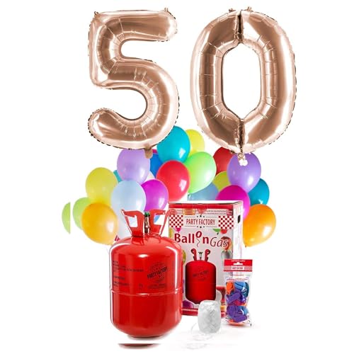 PARTY FACTORY Helium Geburtstags-Komplettset "50" - mit XXL Zahlenballons, 0,4m³ Ballongas, Ballonschnur & 30 bunten Latexballons - für Geburtstag, Jubiläum, Jahrestag - versch. Farben (Roségold) von Party Factory
