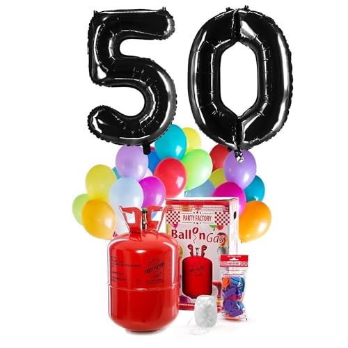 PARTY FACTORY Helium Geburtstags-Komplettset "50" - mit XXL Zahlenballons, 0,4m³ Ballongas, Ballonschnur & 30 bunten Latexballons - für Geburtstag, Jubiläum, Jahrestag - versch. Farben (Schwarz) von Party Factory