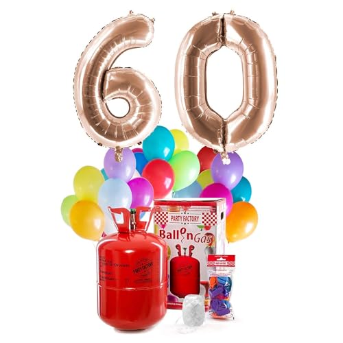 Party Factory `Happy 60´ Helium Komplett-Set, 2 roségoldene XXL Zahlenballons, 30 bunte Latexballons, 400l Ballongas und 40m Ballonschnur von Party Factory