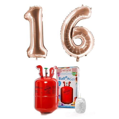 PARTY FACTORY Helium Set "16" mit XXL Zahlenballons, Ballongas und Ballonschnur - für Geburtstag, Jubiläum, Jahrestag; Gold, Silber, Schwarz, Pink, Rosa, Rosagold, Bunt (Roségold) von Party Factory