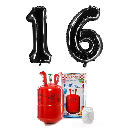 PARTY FACTORY Helium Set "16" mit XXL Zahlenballons, Ballongas und Ballonschnur - für Geburtstag, Jubiläum, Jahrestag; Gold, Silber, Schwarz, Pink, Rosa, Rosagold, Bunt (Schwarz) von Party Factory