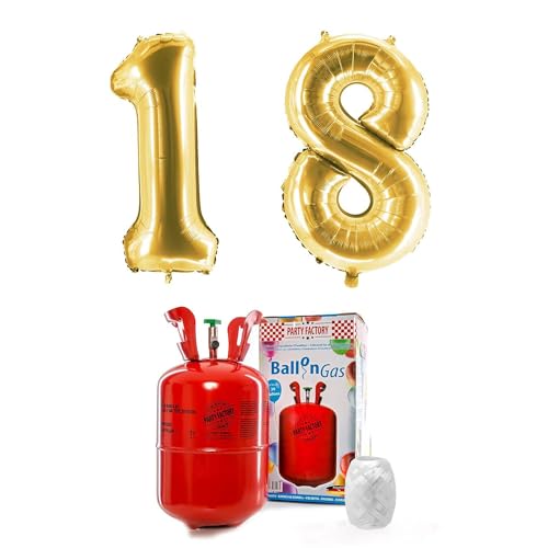 PARTY FACTORY Helium Set "18" mit XXL Zahlenballons, Ballongas und Ballonschnur - für Geburtstag, Jubiläum, Jahrestag; Gold, Silber, Schwarz, Pink, Rosa, Rosagold, Bunt (Gold) von Party Factory
