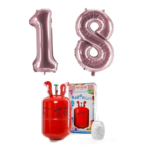 PARTY FACTORY Helium Set "18" mit XXL Zahlenballons, Ballongas und Ballonschnur - für Geburtstag, Jubiläum, Jahrestag; Gold, Silber, Schwarz, Pink, Rosa, Rosagold, Bunt (Rosé) von Party Factory