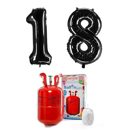 PARTY FACTORY Helium Set "18" mit XXL Zahlenballons, Ballongas und Ballonschnur - für Geburtstag, Jubiläum, Jahrestag; Gold, Silber, Schwarz, Pink, Rosa, Rosagold, Bunt (Schwarz) von Party Factory