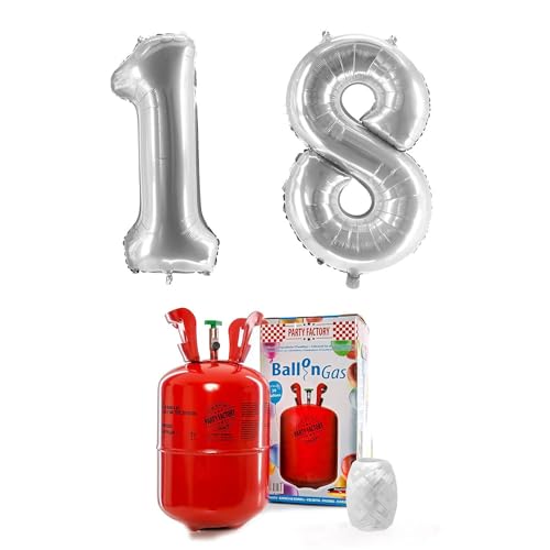 PARTY FACTORY Helium Set "18" mit XXL Zahlenballons, Ballongas und Ballonschnur - für Geburtstag, Jubiläum, Jahrestag; Gold, Silber, Schwarz, Pink, Rosa, Rosagold, Bunt (Silber) von Party Factory