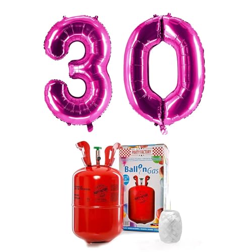 PARTY FACTORY Helium Set "30" mit XXL Zahlenballons, Ballongas und Ballonschnur - für Geburtstag, Jubiläum, Jahrestag; Gold, Silber, Schwarz, Pink, Rosa, Rosagold, Bunt (Pink) von Party Factory