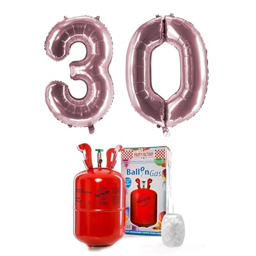 PARTY FACTORY Helium Set "30" mit XXL Zahlenballons, Ballongas und Ballonschnur - für Geburtstag, Jubiläum, Jahrestag; Gold, Silber, Schwarz, Pink, Rosa, Rosagold, Bunt (Rosé) von Party Factory
