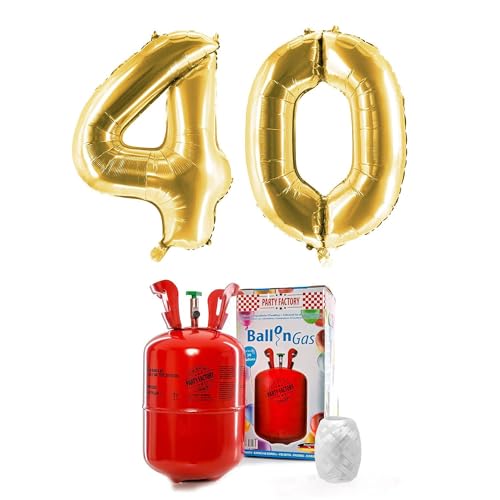 PARTY FACTORY Helium Set "40" mit XXL Zahlenballons, Ballongas und Ballonschnur - für Geburtstag, Jubiläum, Jahrestag; Gold, Silber, Schwarz, Pink, Rosa, Rosagold, Bunt (Gold) von Party Factory