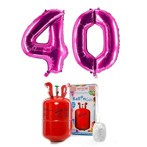 PARTY FACTORY Helium Set "40" mit XXL Zahlenballons, Ballongas und Ballonschnur - für Geburtstag, Jubiläum, Jahrestag; Gold, Silber, Schwarz, Pink, Rosa, Rosagold, Bunt (Pink) von Party Factory