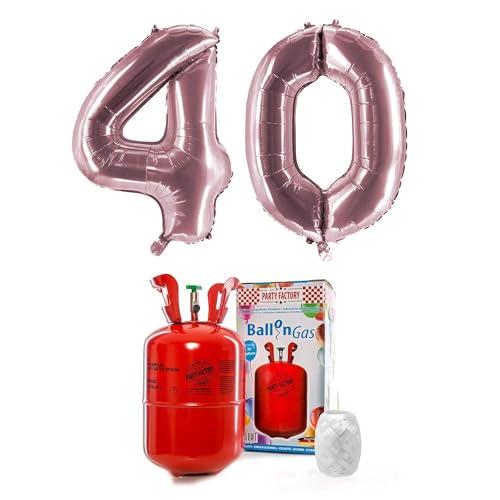 PARTY FACTORY Helium Set "40" mit XXL Zahlenballons, Ballongas und Ballonschnur - für Geburtstag, Jubiläum, Jahrestag; Gold, Silber, Schwarz, Pink, Rosa, Rosagold, Bunt (Rosé) von Party Factory